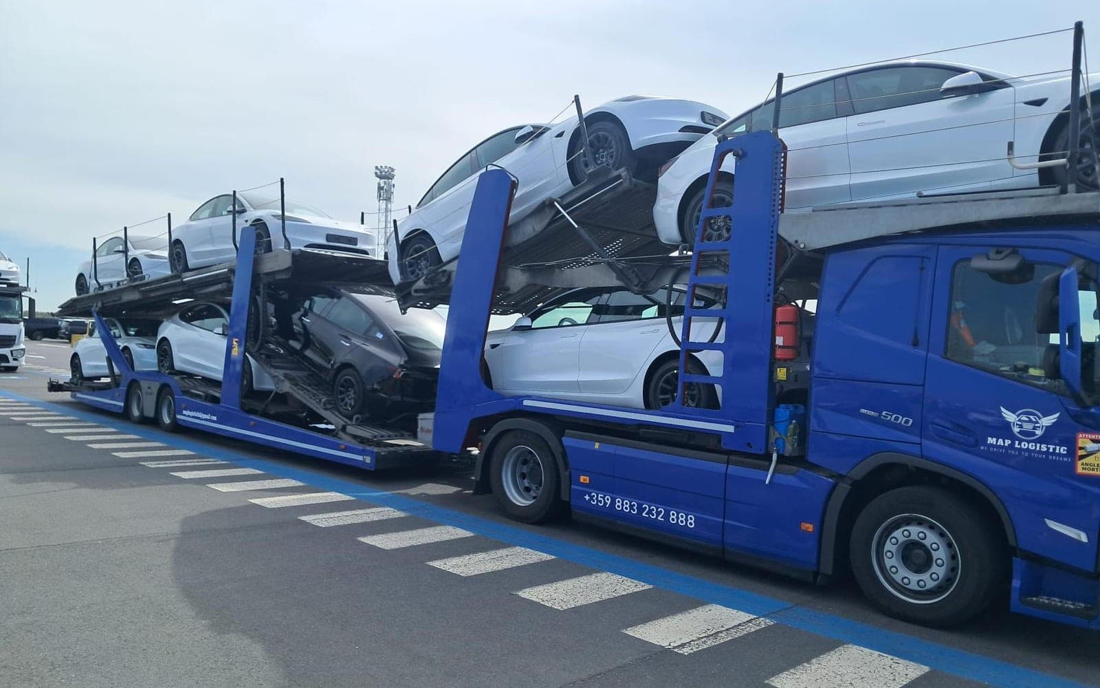 Our blue car transporter loaded with new cars at a port terminal